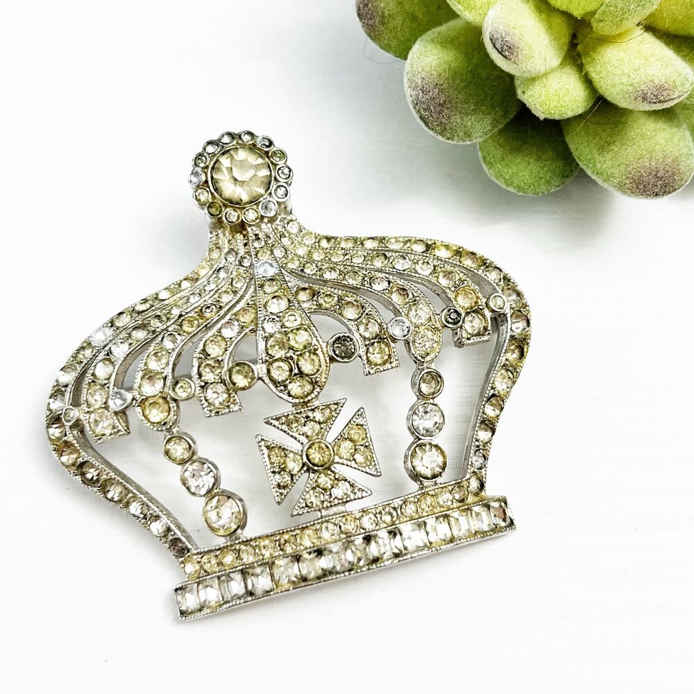 Vintage Large Crown Rhinestone Brooch with Maltese Cross